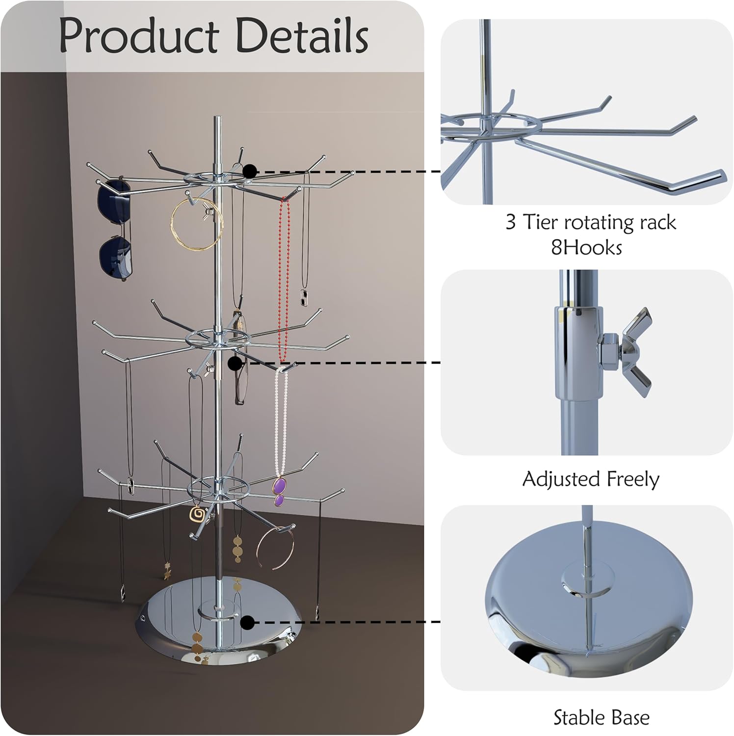 3 Tier Jewelry Holder with 8 Hooks Adjustable Height Chrome Countertop Spinner Display Stand for Necklace & Bracelet Display - Image 2
