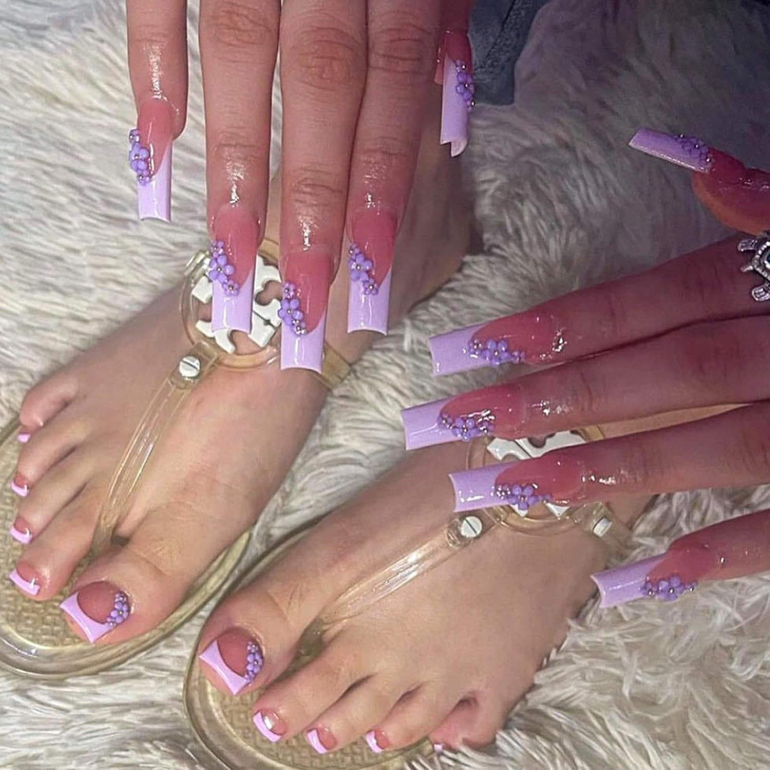 Press On Nails Set with Purple Flower Charms - French Tip