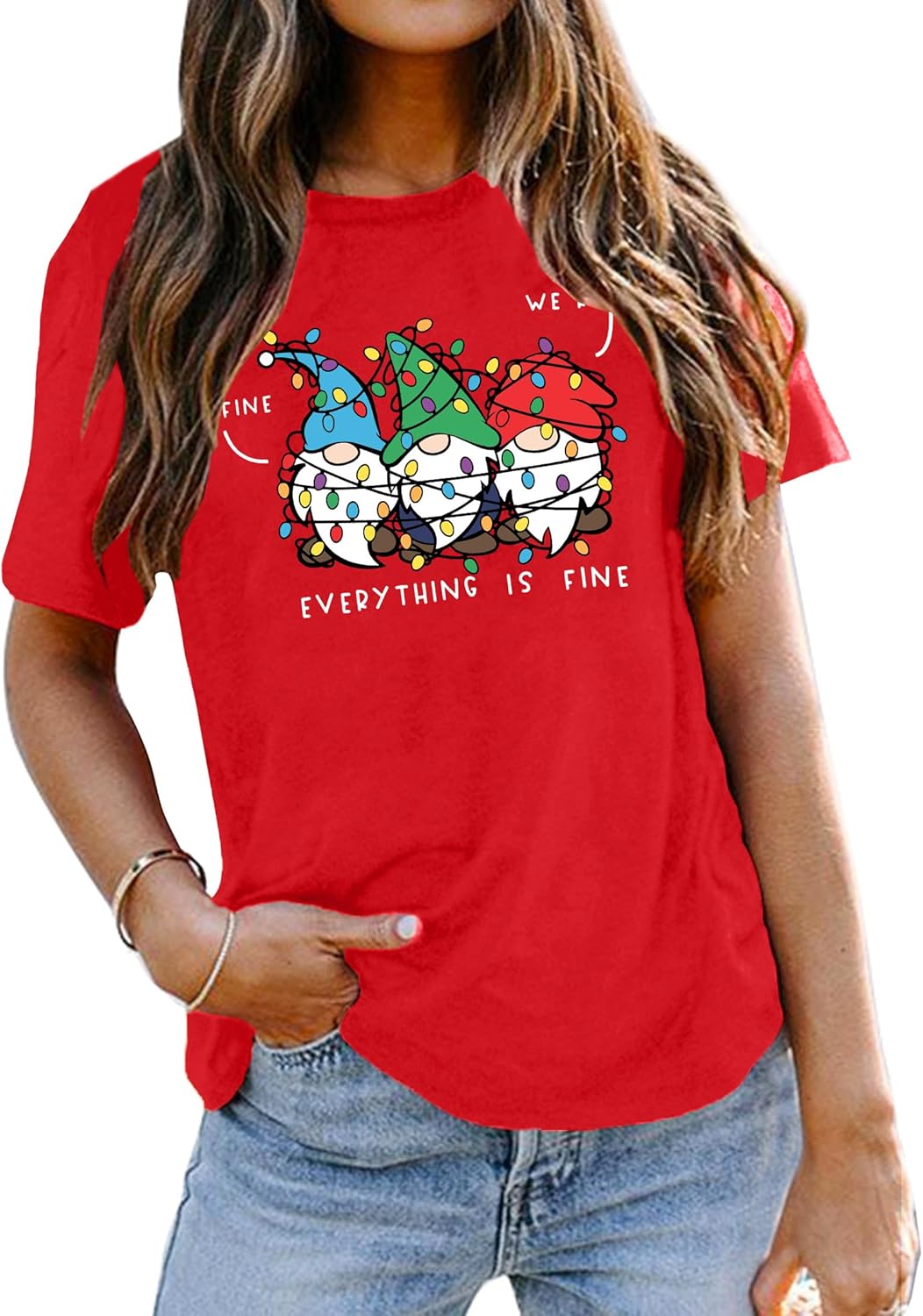 It's Fine We're Fine Everything's Fine Tshirt Women Christmas Gnomes Shirt Xmas Casual Holiday Tops - Image 2