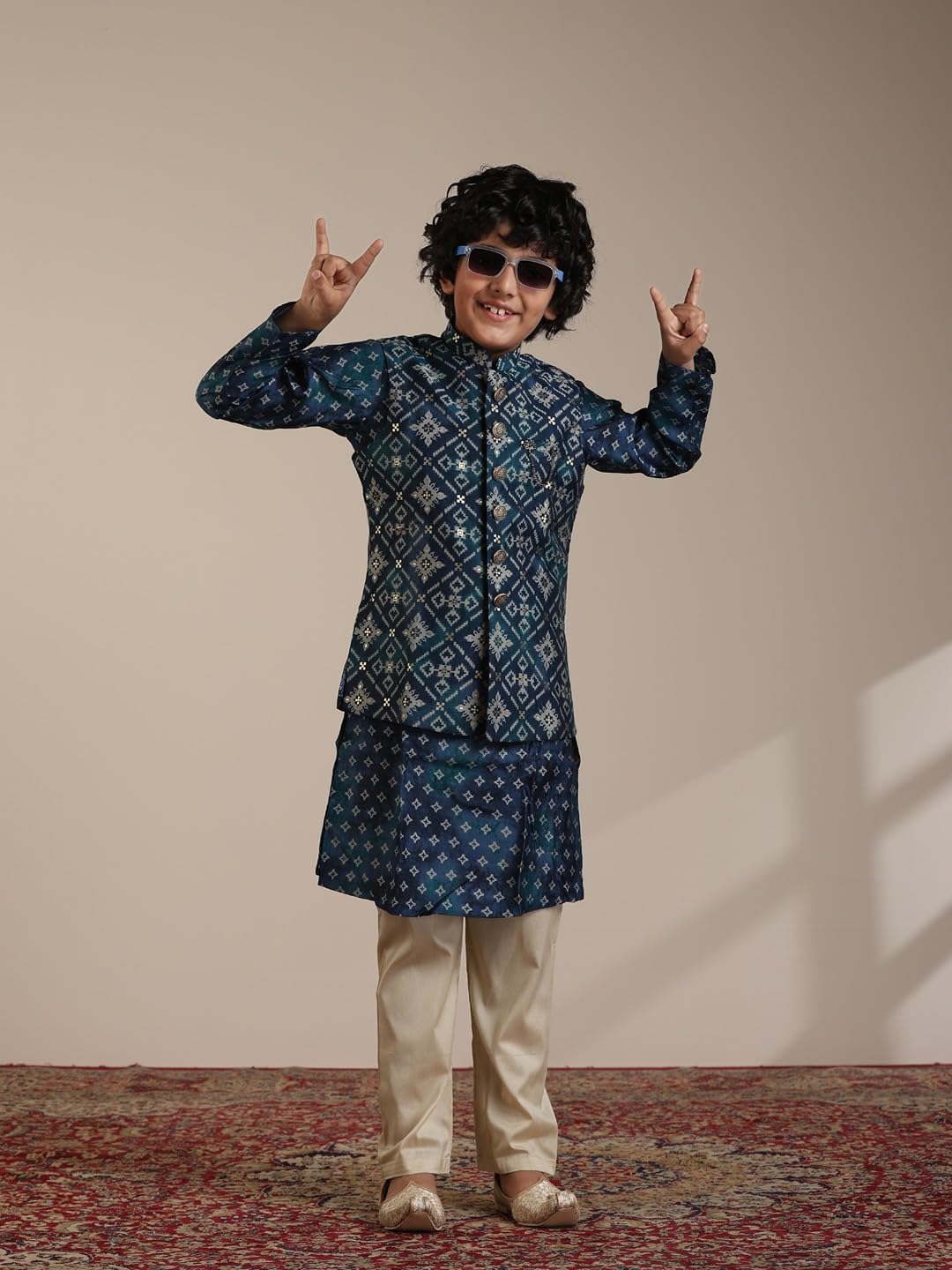 Manyavar Blended Viscose Foil Print Kurta Jacket Pyjama Set for Child(5-6 years) 2