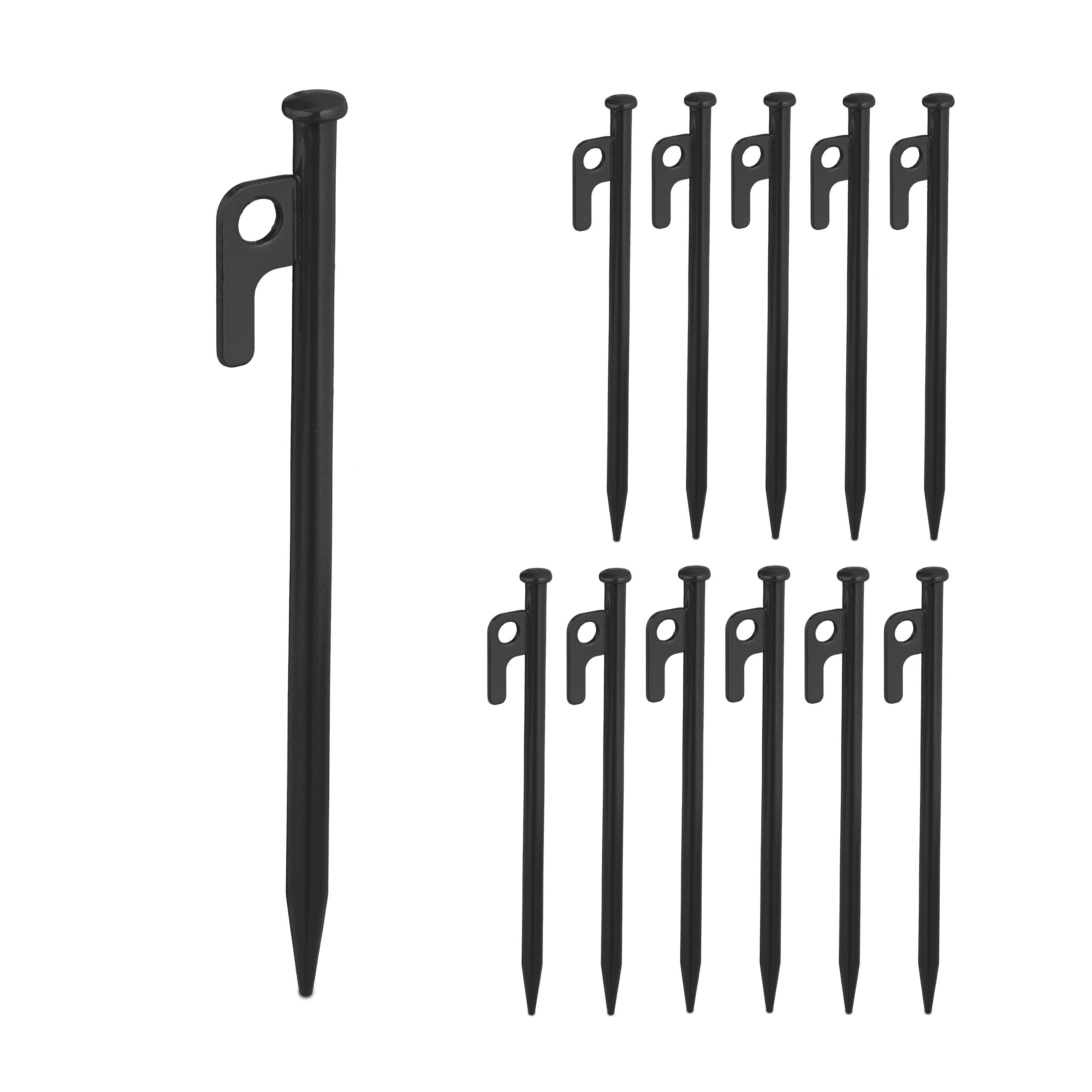 Relaxdays Zestaw 12 śledzi do ziemi do twardych podłóg, 20 cm, stal, stabilne kotwy do podłoża na kemping, czarne