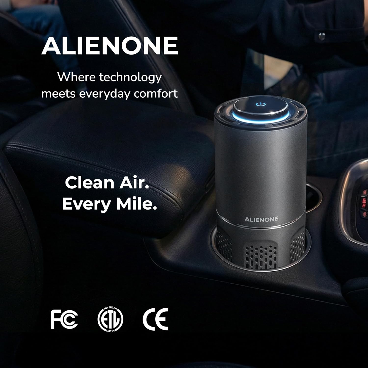 ALIENONE Car Air Purifier AP-C2-D, H13 True HEPA Filter, 3-in-1 Filtration System, 360° Air Intake, Whisper-Quiet, One-Touch Operation, Compact Cup Holder Design