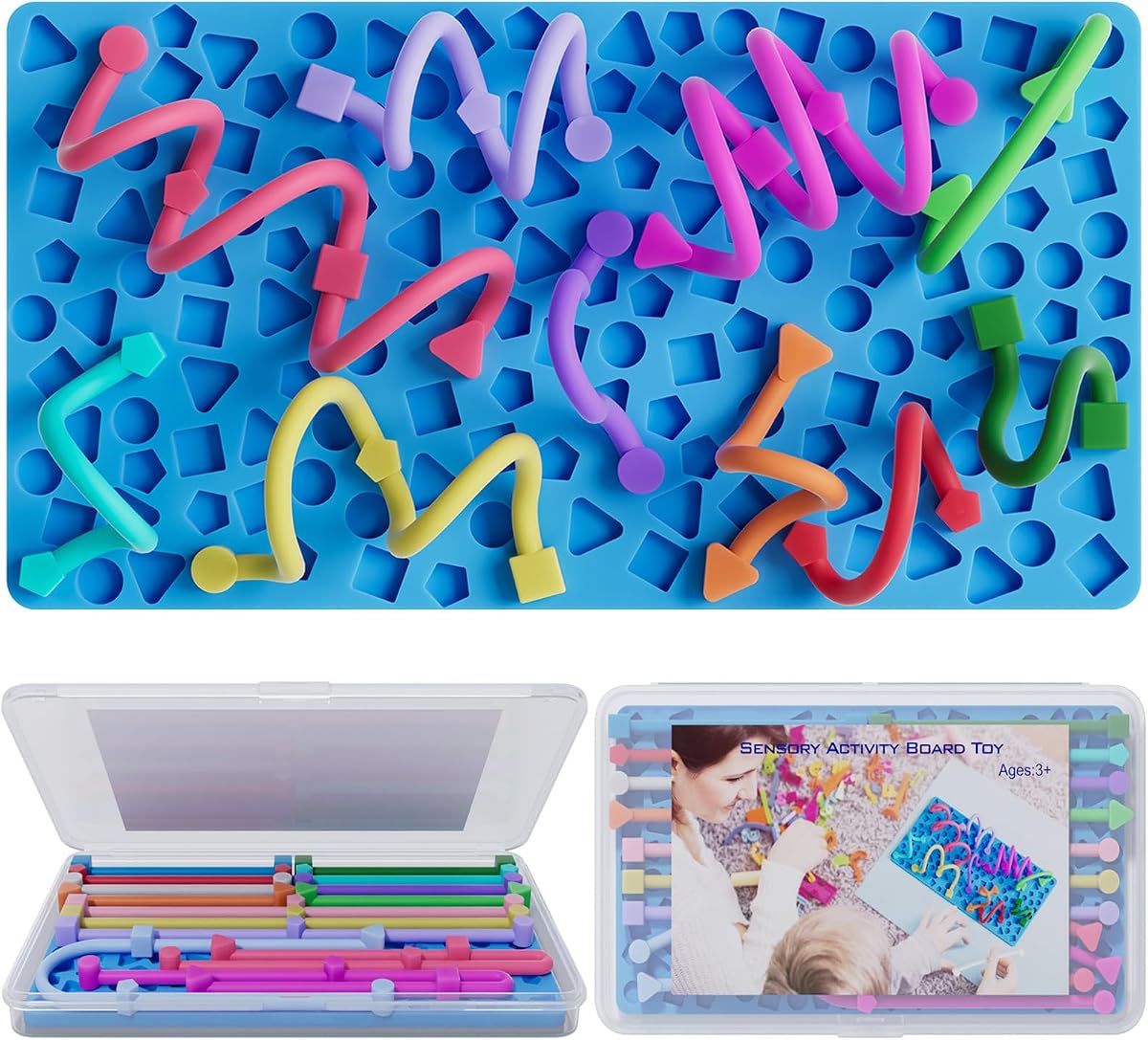 Tablero de actividades sensoriales para niños y niñas, juguetes Fidget para estrés, ansiedad, autismo, TDAH, Fidgets para aula, viajes, avión, juguetes para mayores de 3 años, caja de almacenamiento de viaje portátil y 14 cuerdas