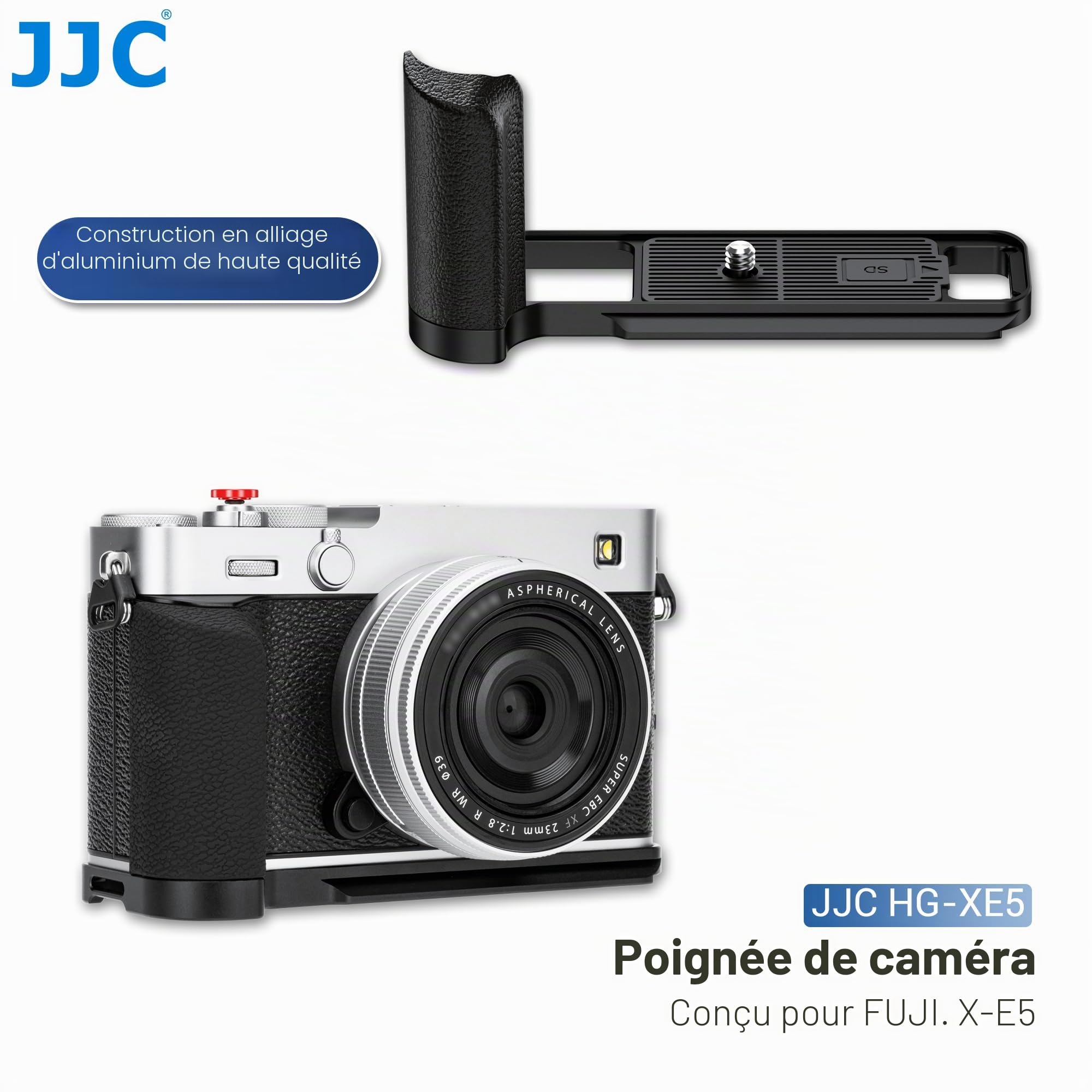 Poignée métallique en L JJC avec Bouton d'obturateur Compatible avec Fujifilm X-E5, XE5, Quick Release Arca, poignée avec Peak Design Capture Camera Clip V3, Emplacement SD intégré, Noir