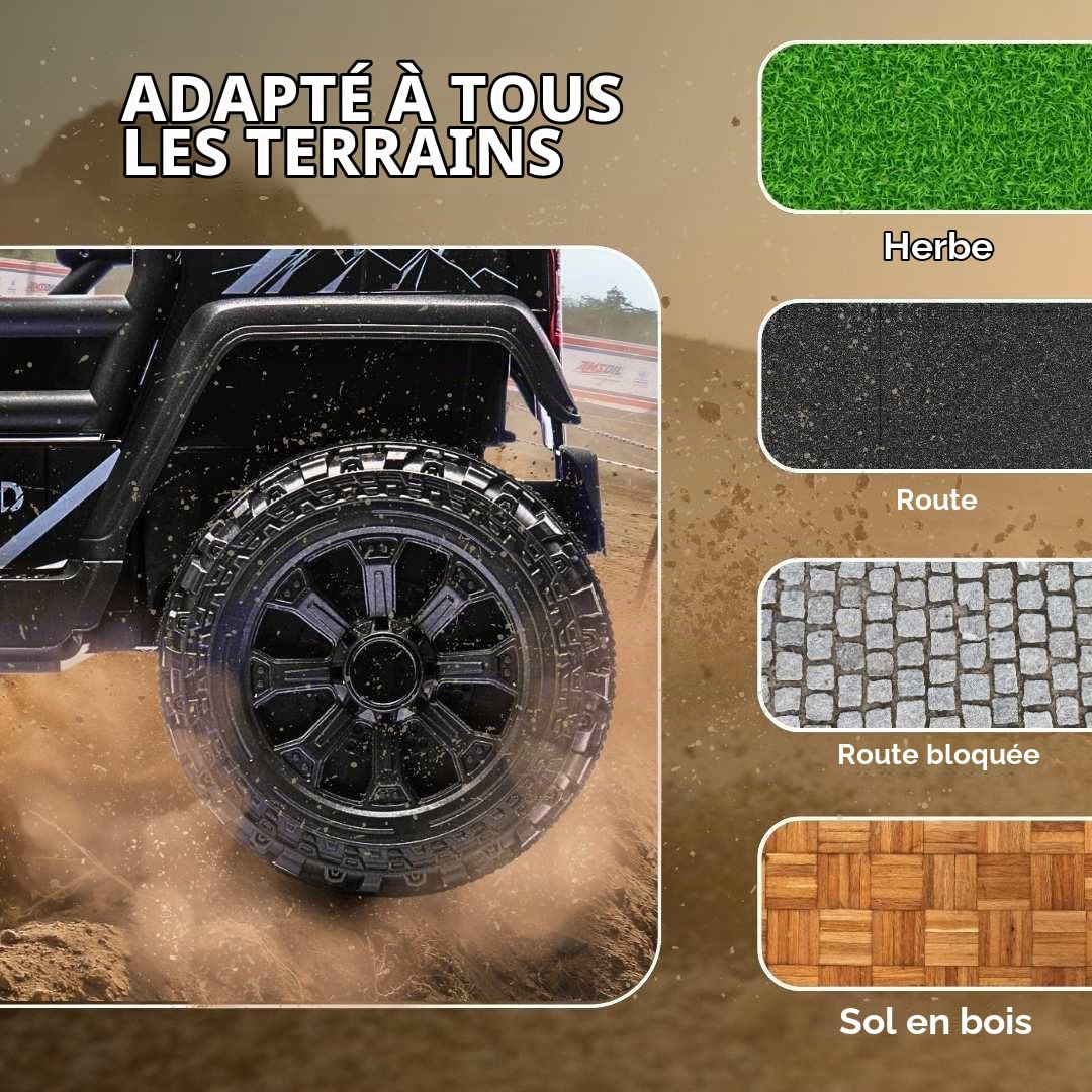 Voiture électrique Enfants Offroad New avec Traction arrière, Blanche, Batterie Lithium, châssis Haut, siège Large, Suspension arrière, télécommande 2,4 GHz, Lecteur MP3 avec USB/AUX, lumières LED