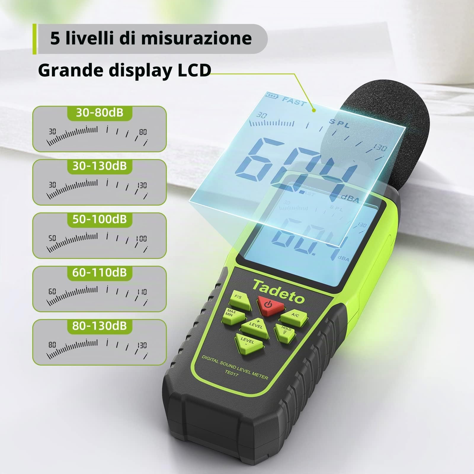 Fonometro， Tadeto Fonometro Professionale Portatile da 30dB a 130dB con Display LCD retroilluminato,Misura del rumore MAX/MIN,Conservazione dei dati,Modalità A/C，per aula, ufficio, fabbrica