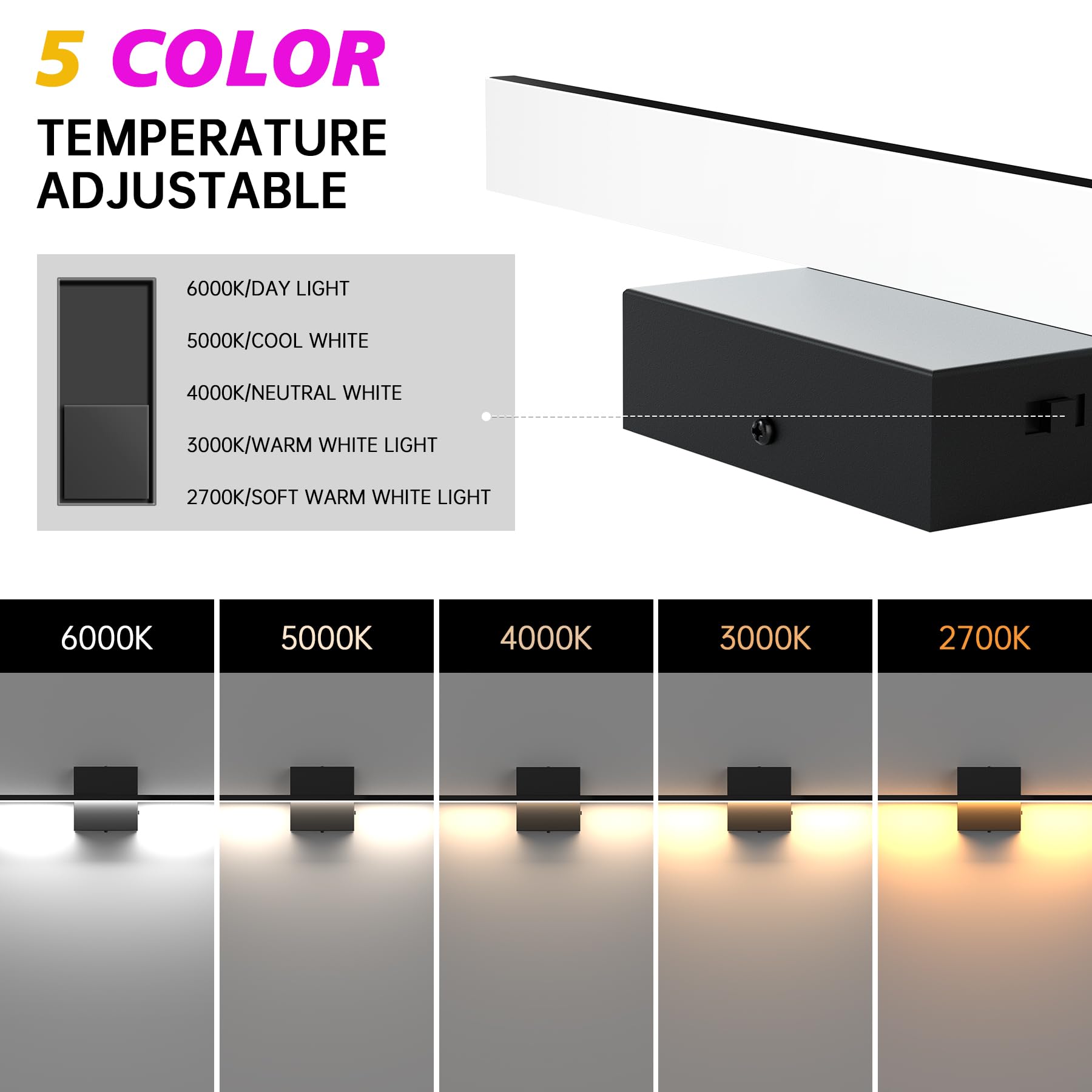 Aogled Bathroom Vanity Light Dimmable 12W 1020lm IP44 Over LED Mirror Lighting Bar Fixture 16Inch Indoor Wall Sconces Black 2700K/3000K/4000K/5000K/6000K