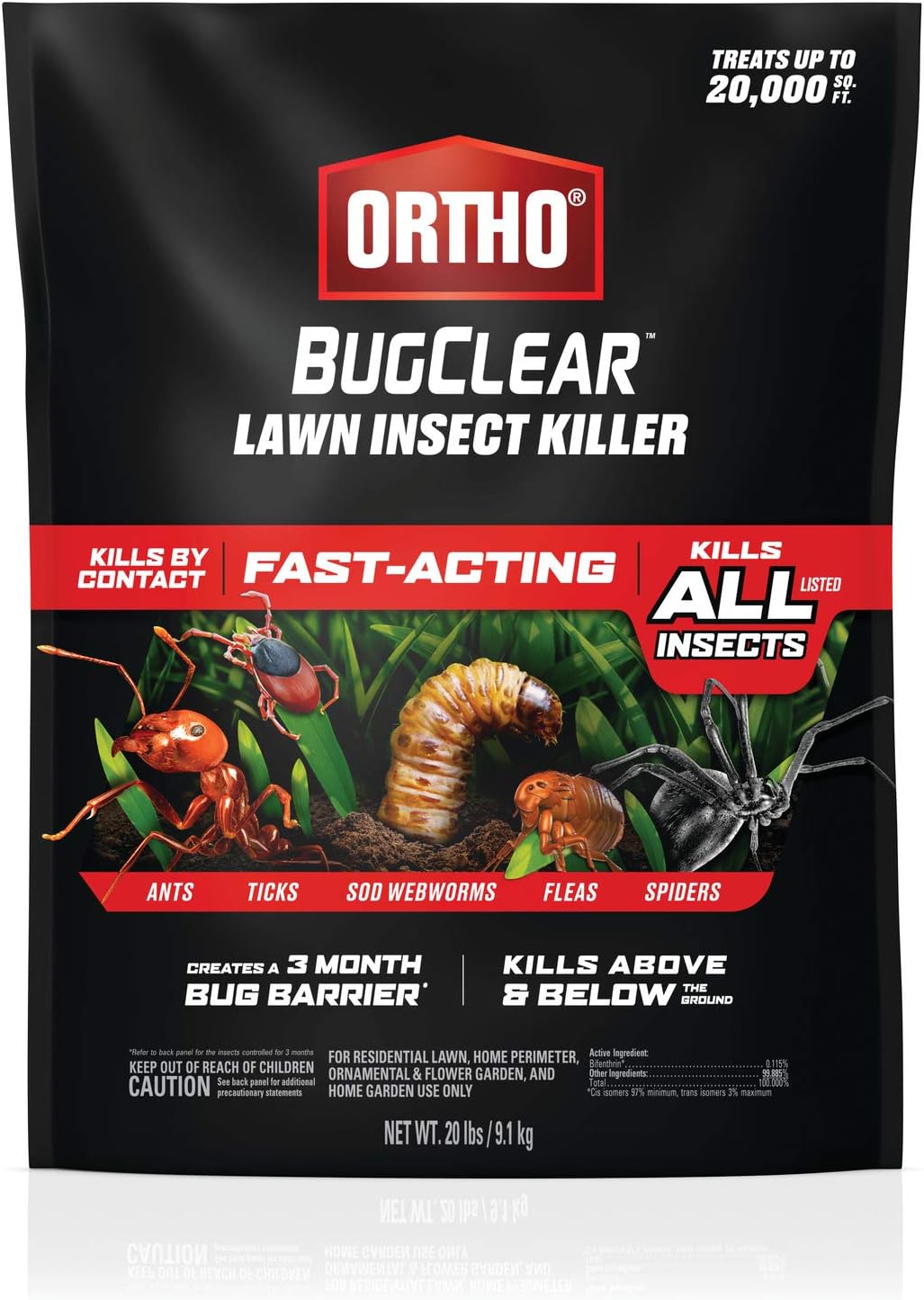 Ortho BugClear Lawn Insect Killer - Kills Ants, Ticks, Armyworms, Sod Webworms, Fleas and Spiders in Your Yard, Fast-Acting, Kills By Contact Above and Below the Ground, 20 lb.