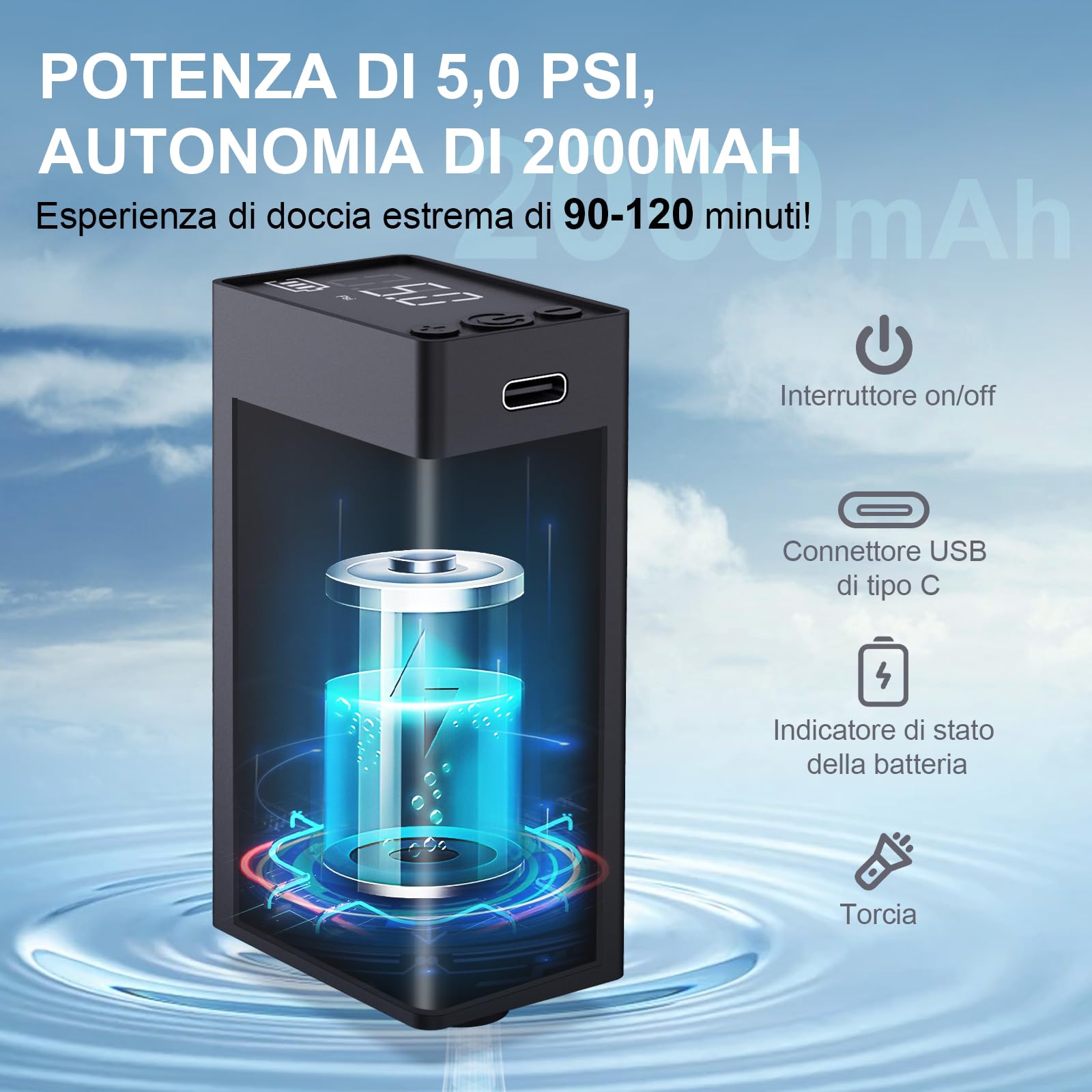 20L Doccia da Campeggio con Pompa, 2000mAh Doccia Portatile Solare Borsa con Pratico Ugello per Campeggio, Escursionismo e Spiaggia