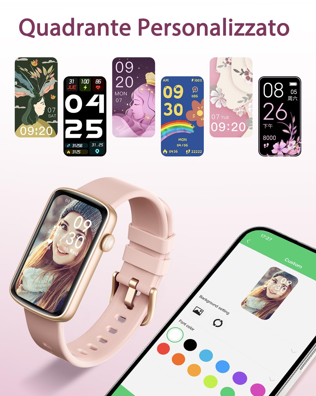 SHANG WING Smartwatch Donna Orologio Contapssi Polso Donna Orologio Fitness Sportive con Cardiofrequenzimetro Saturimetro Smartband Impermeabile IP68 Notifiche Whatsapp e Chiamate per Android iOS Rosa