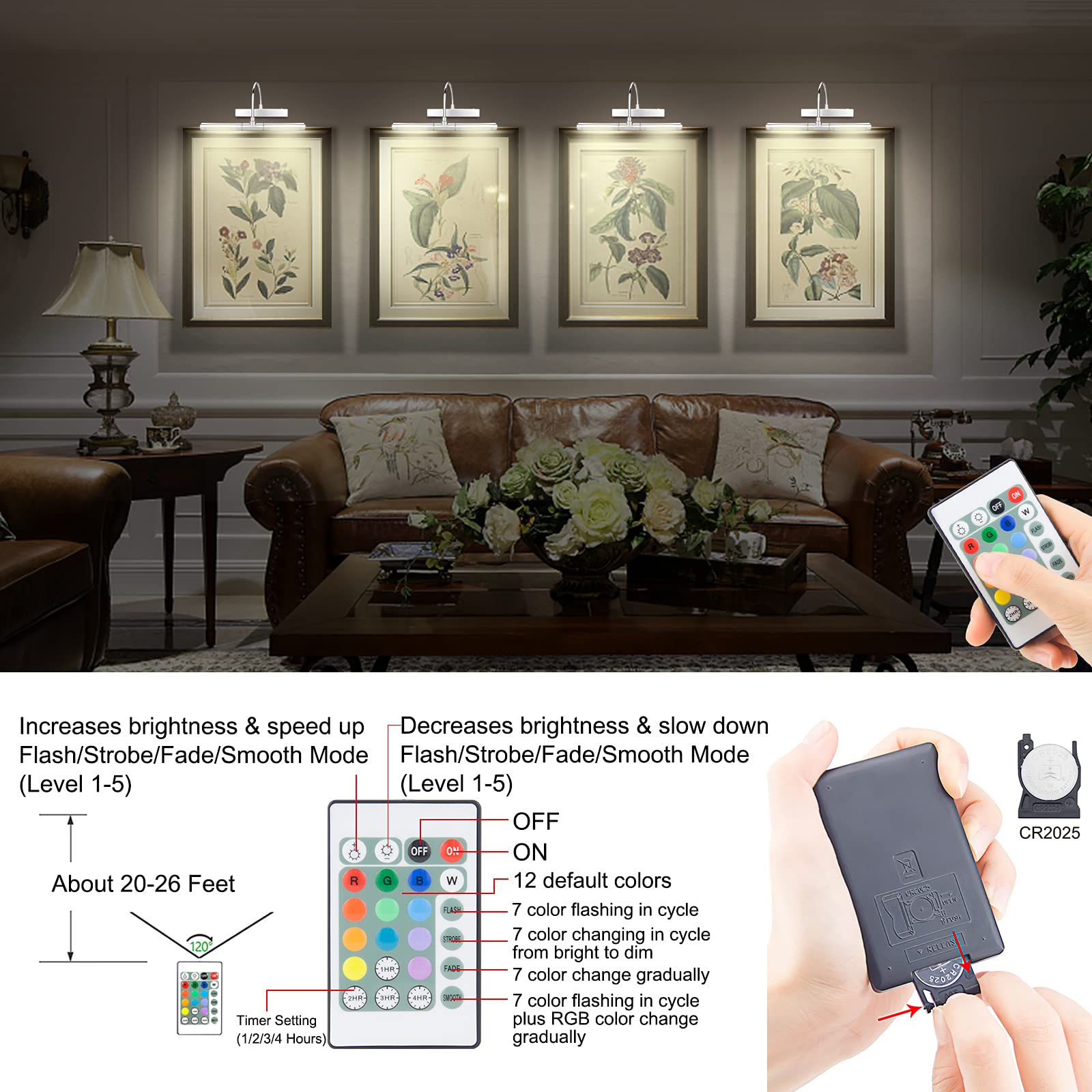 HONWELL Drahtlose Bilderleuchte LED, Bilderlampe mit Fernbedienung,Drehbarer LED Lichtkopf mit Timer 180° Schwenkarm Wiederaufladbare Dart beleuchtung Kabellos Malleuchte zum Malen von Bildern,Silber