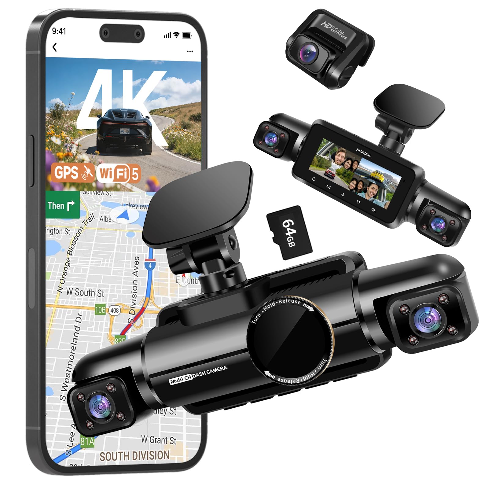 4K Dash Cam Front and Rear Inside, 4K+1080P*2 Dash Camera for Cars, 360° 4 Channel 3K+1080P*3 Car Camera, 5GHz Wi-Fi GPS Module, Include 64GB SD Card, Voice Control, Night Vision, 24H Parking Mode V90