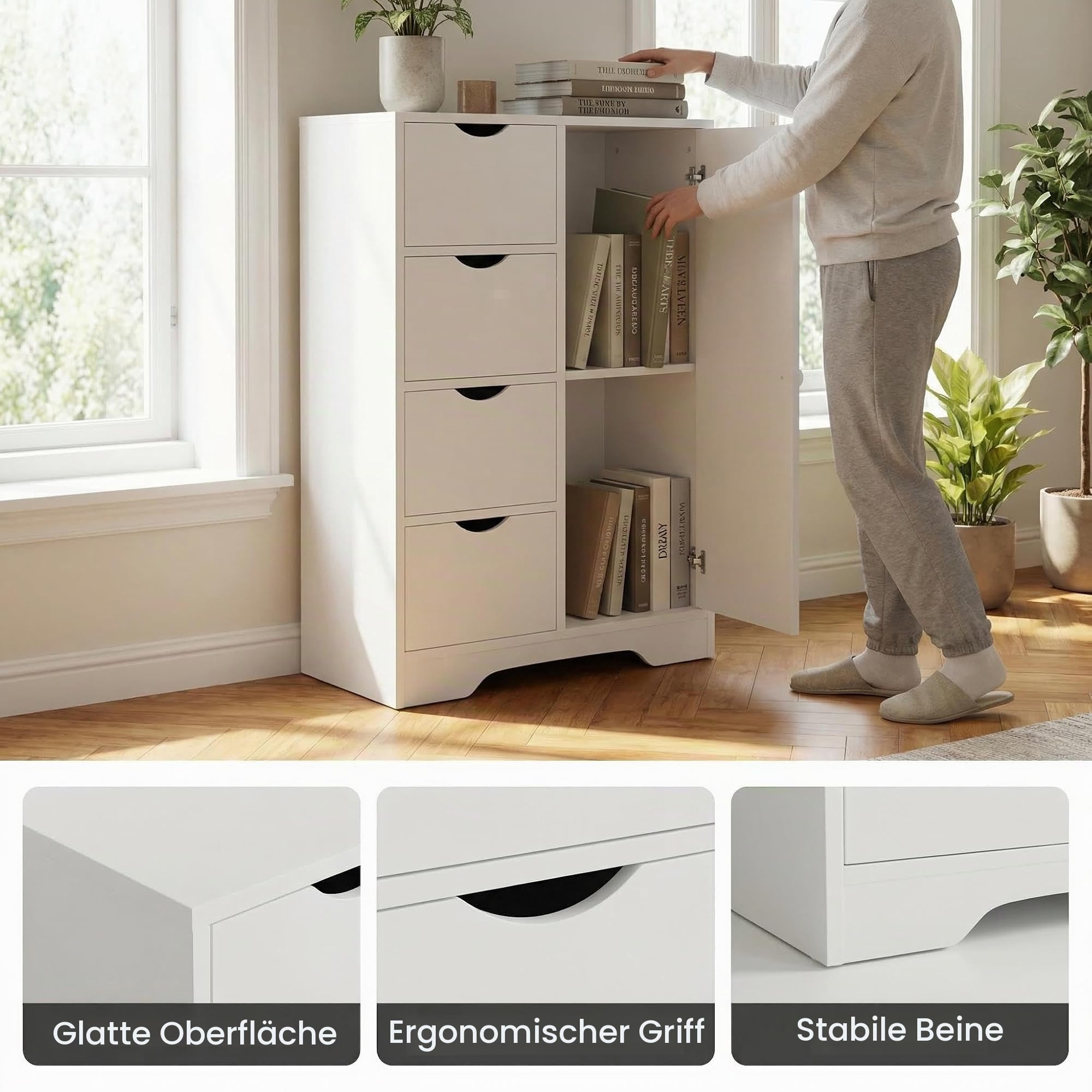 FurnitureR Kommode Weiß mit 4 Schubladen und Schrank, MDF Aufbewahrungsschrank mit Verstellbaren Regalböden, Schubladenschrank für Wohnzimmer Schlafzimmer Flur Büro, 55 x 30 x 82 cm