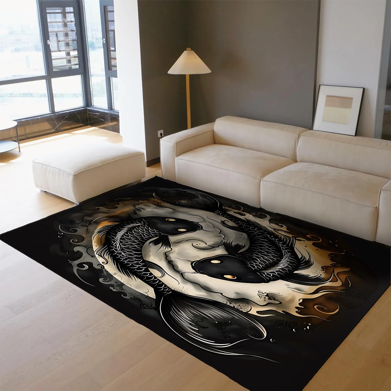 Zmywalne dywaniki 80 x 150 cm kosmiczne czarne złoto Yin Yang Koi ryba z niskim włosiem Wewnętrzna wykładzina Japoński styl Ukiyo-e antypoślizgowy dywan do salonu sypialni biura