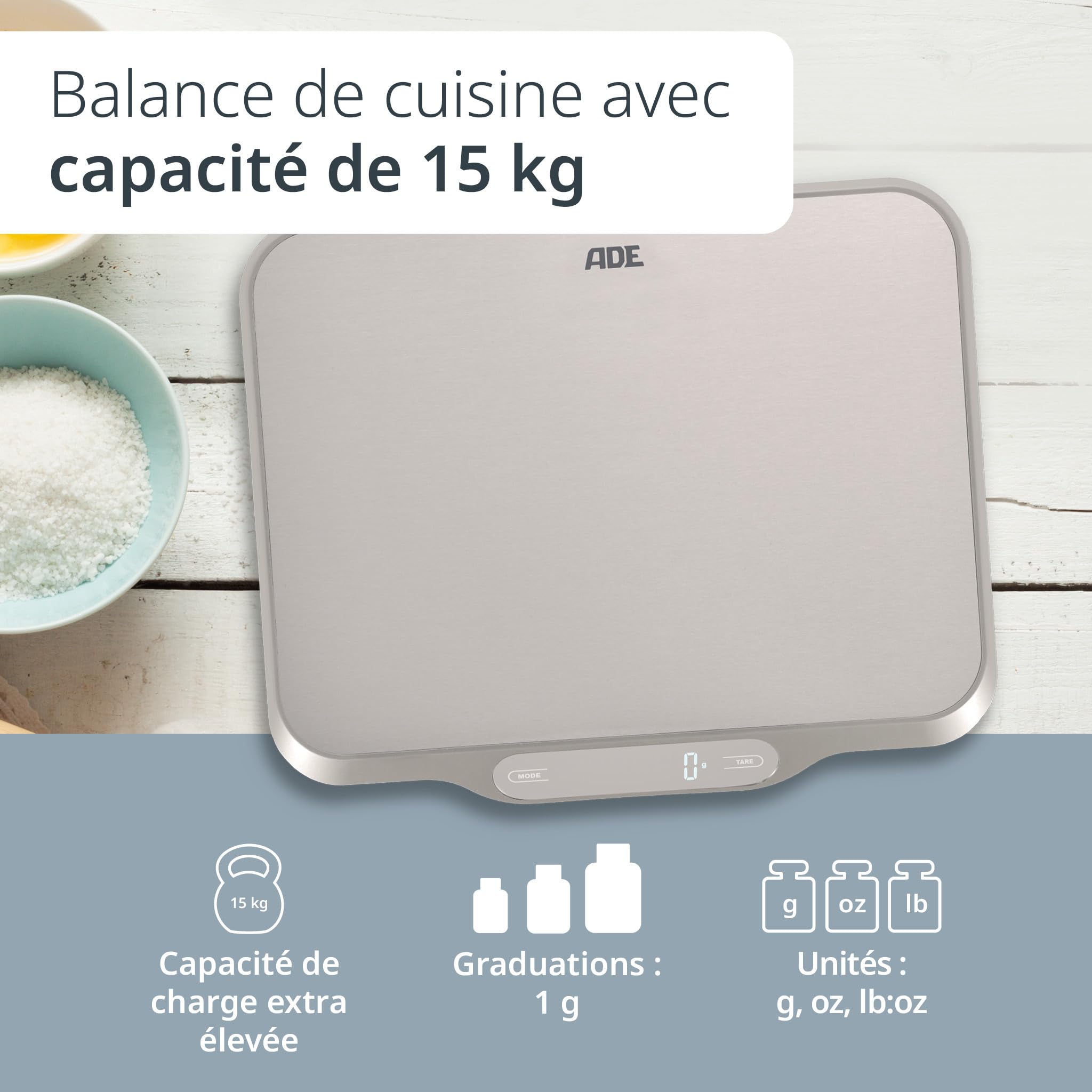 ADE Grande balance de cuisine électronique à grande surface en acier inoxydable pour une pesée précise jusqu'à 15 kg. Fonction tare (tare), maintien automatique. Incl. batterie. Argent | KE1601 Ladina