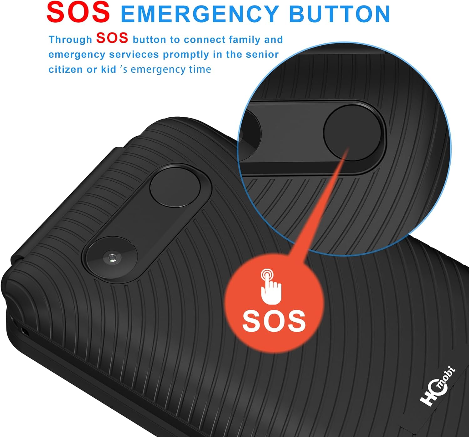 Close-up image of the SOS emergency button on the back of the flip phone.