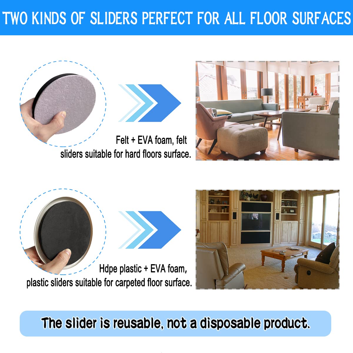 Cinsda 3 in 1 Furniture Lifter Sliders Mover Kit, Reusable 5" Sliders