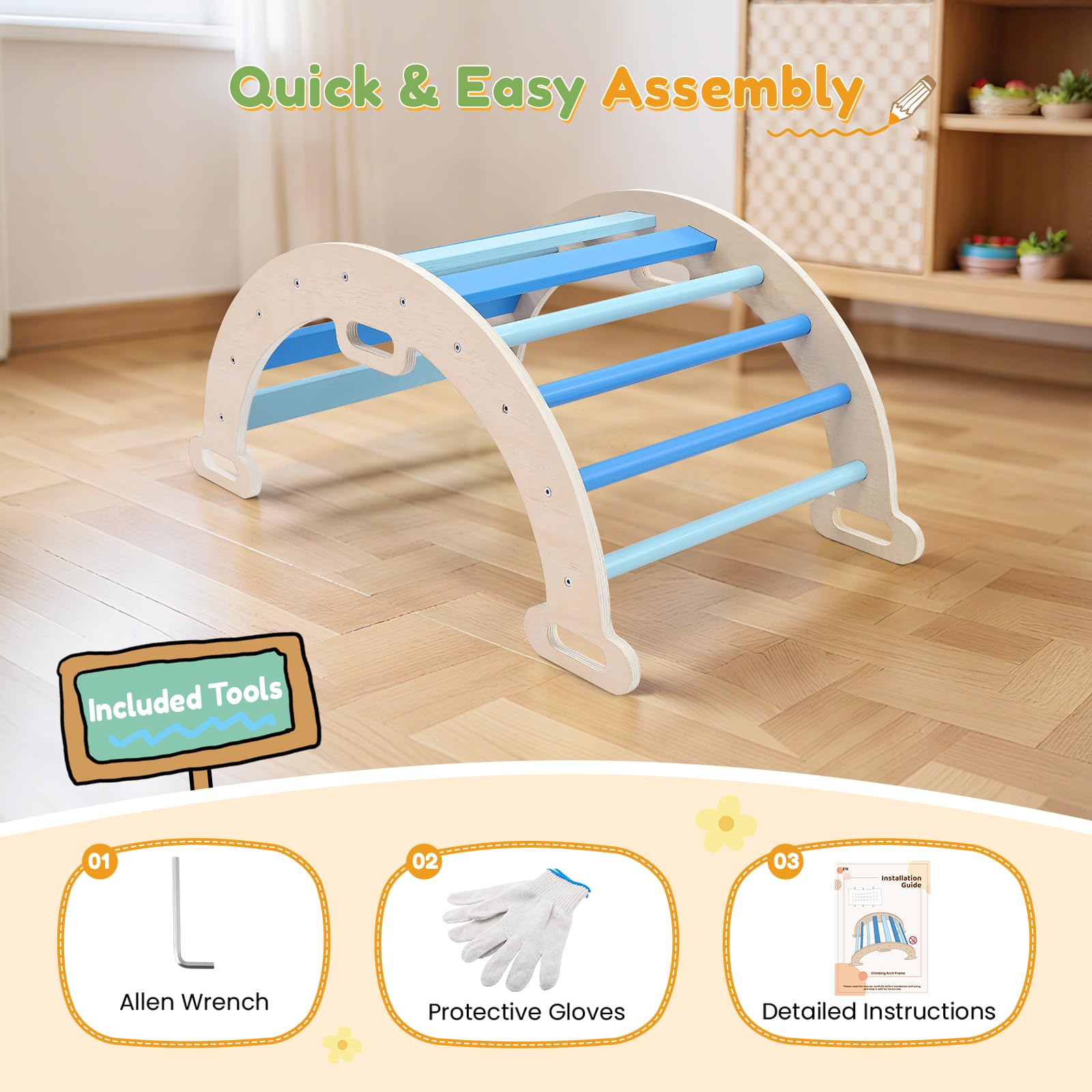 nmoiww Struttura da Arrampicata per Bambini 3 in 1, Scala da Arrampicata in Legno per Bambini con Cuscino Accogliente, Palestra da Gioco Montessori per Interni (Blu-2 in 1)