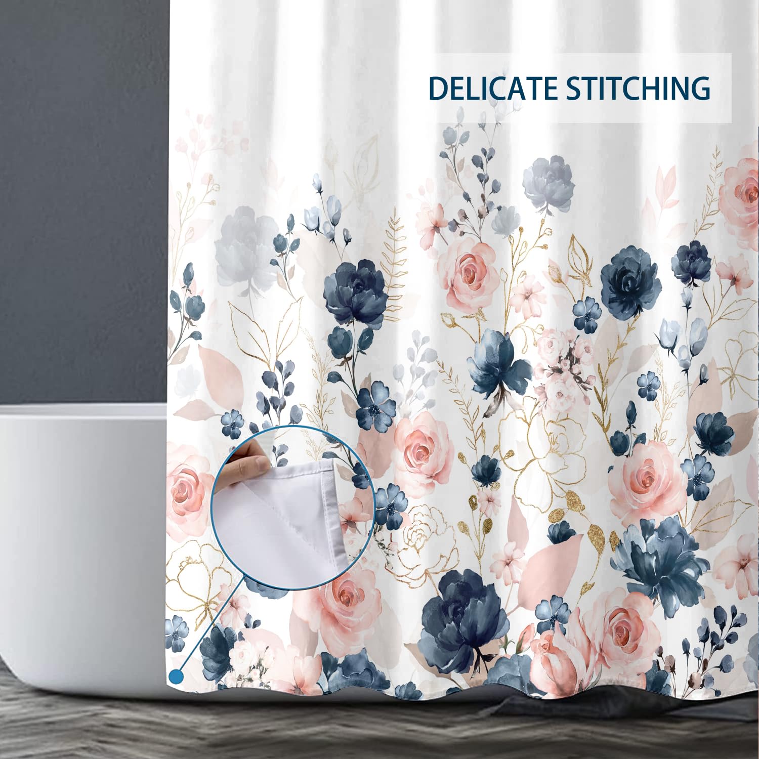 Cortina de ducha extra larga con diseño floral azul marino y rosa, 72 x 84 pulgadas, cortina de ducha de tela impermeable con 12 ganchos