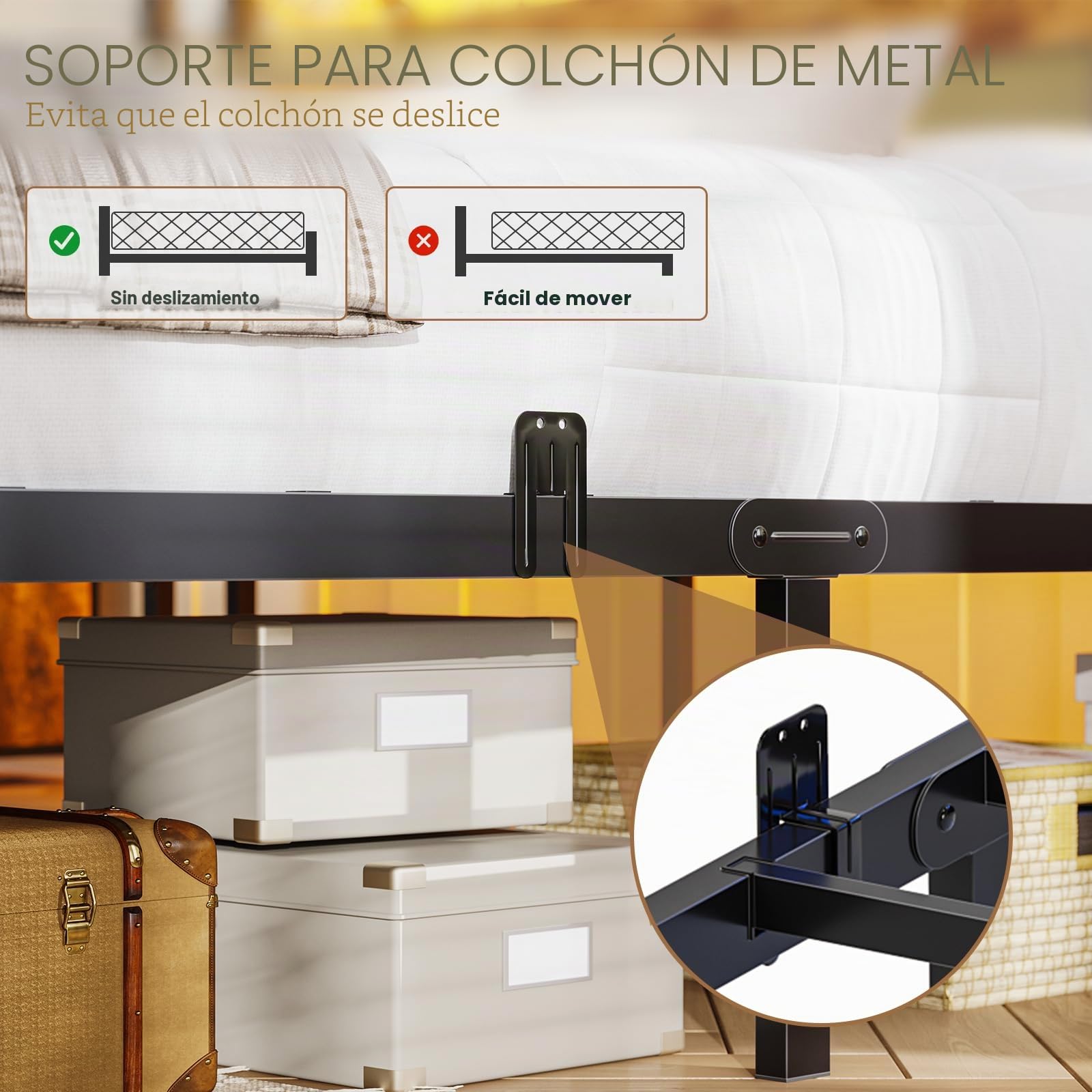 Cama de 160 x 200 cm con somier de láminas de metal, estructura de cama de metal con enchufe y función de carga USB, cama doble con espacio de almacenamiento, cama para dormitorio y habitación de