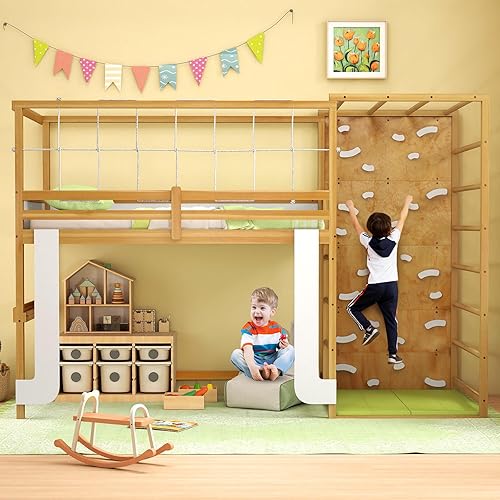 Giantex Twin Bunk Bed with Jungle Gym, 4-in-1 Wooden Loft Bed with Climbing Ladder, Rock Wall & Monkey Bar, Montessori Playhouse Bed with Full Length Guardrail & Wood Slat Support for Kids (Natural)