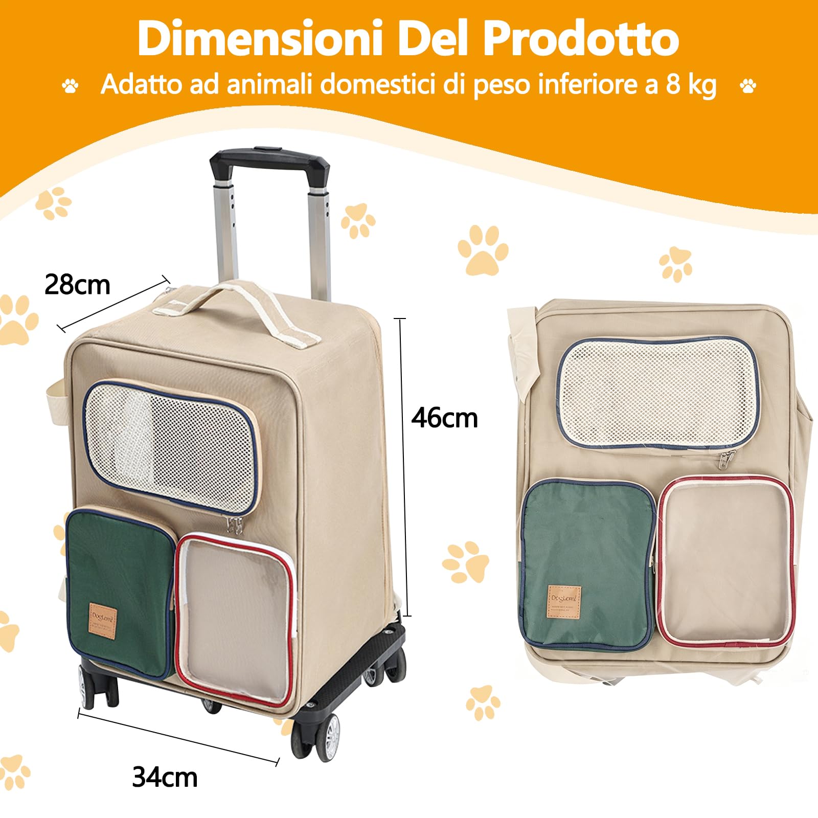 Galatée Zaino Per Animali Domestici, Realizzato In Poliestere Traspirante e Resistente, Uno Zaino Multiuso Con Spallacci e Maniglie(Color Kaki,Con Asta Di Comando)