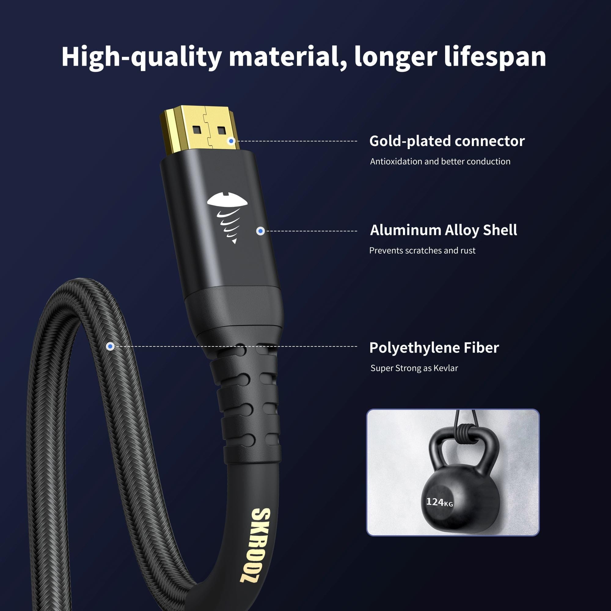 Cable HDMI 2.1a Lifetime de 6 pies – 4K 8K 10K Cable DG de alta velocidad extrema – Kevlar – 8K @60Hz 4K @120Hz Video 48Gbps, HDR dinámico, DTSX, eARC, compatible con PS5, XBox, HDTV, Roku, Smart TV,