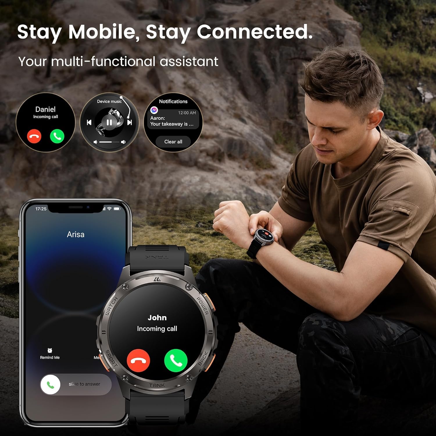 KOSPET TANK T3 Smartwatch Herren, 60 Tage Akkulauf, 50m wasserdicht, militärgetestet, Vollmetallgehäuse, 1,43" AMOLED