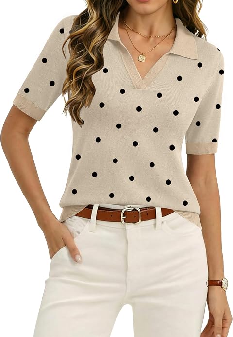Zeagoo Womens Polo Sweater Short Sleeve V Neck Knitted Business Casual Office Tops Spring Pullover