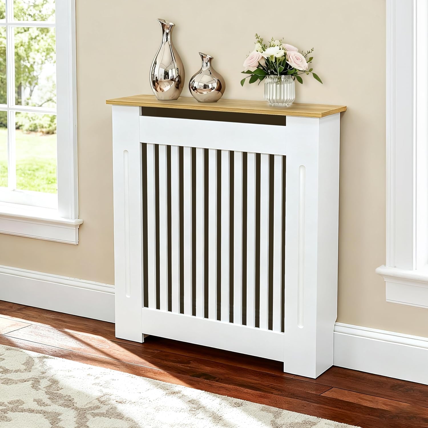 FATIVO Cache Radiateur en Bois Blanc Couverture Moderne avec Lattes et Étagère Supérieure Armoire Design pour Salon Chambre Bureau - 71x18x90.5cm