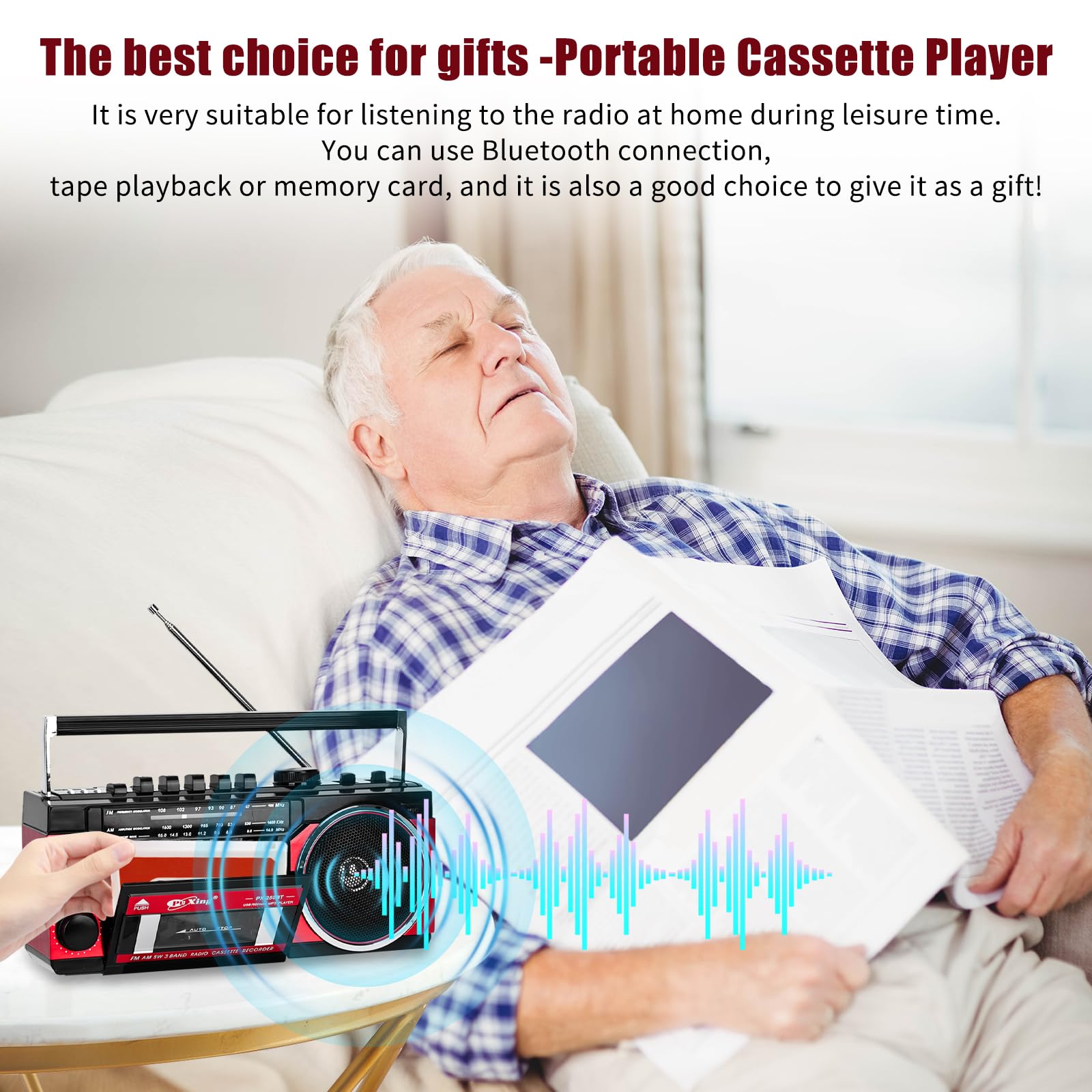 Lecteur de cassette, lecteur de cassettes portable, supporte la bande de fréquence FM/AM/SW, magnétophone, compatible avec cassette/Bluetooth/insertion de carte/enregistrement, fonctionne avec piles