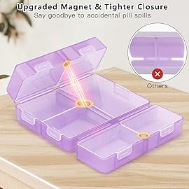 FYY Daily Pill Organizer, 7 Compartments Portable Pill Case Travel Pill Organizer,[Folding Design] Pill Box for Purse Pocket to Hold Vitamins,Cod Liver Oil,Supplements and Medication-Clear Purple