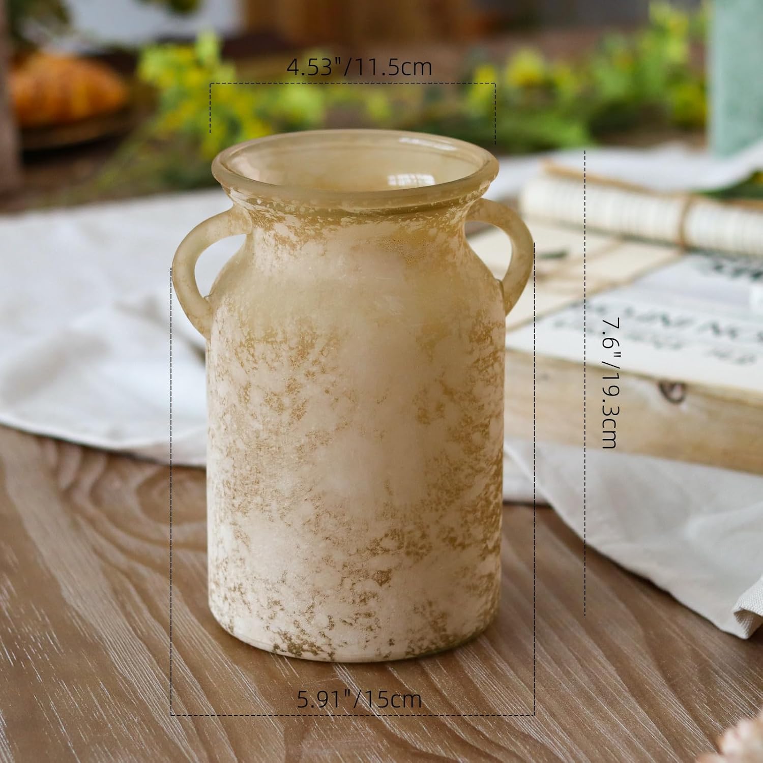 Glass Flower Vase with Handle- 8 Inches Rustic Imitation Ceramic Vase for Flowers, Vintage White Brown Centerpiece Decorations for Farmhouse, Modern Home, Table & Holiday Decorations - Image 5