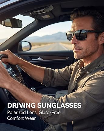 Polarized Sunglasses for Men Lightweight Square UV400 Protection Black Medium