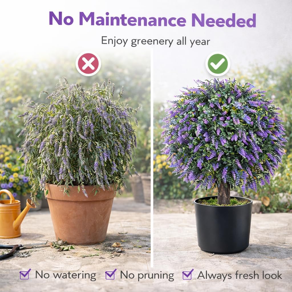Artificial Lavender Topiary Trees Set of 2, 24" UV Resistant Fake Plants for Front Door Porch Decor, Potted Faux Lavender Plants for Outdoor Patio Entryway