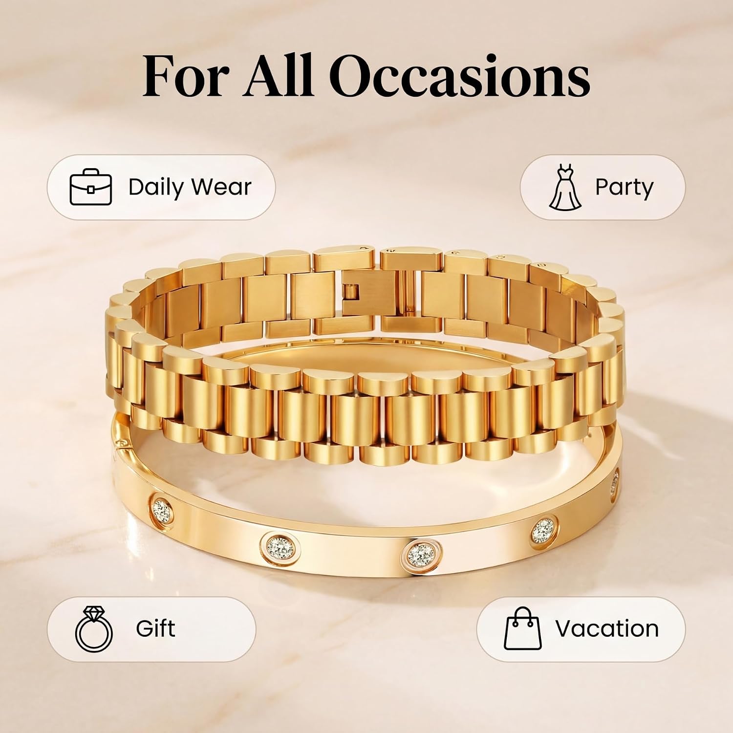 A D. ALLEN & DANMI. 18 K Gold Plated Love Bangle Bracelet Set Flexible Wide Wristband Bangle Bangle Set for Love