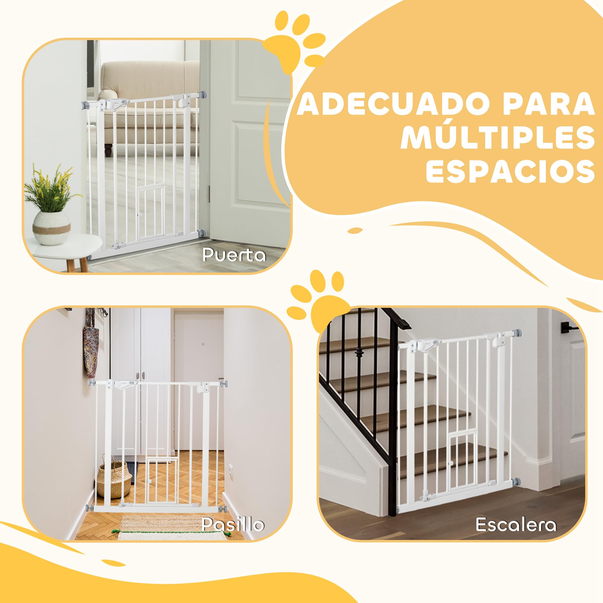 PawHut Barrera de Seguridad para Perros Barrera para Mascotas Extensible con Puerta Pequeño Cierre Automático y Sistema de Doble Bloqueo para Puerta Pasillo Escalera 74-80x76,2 cm Blanco