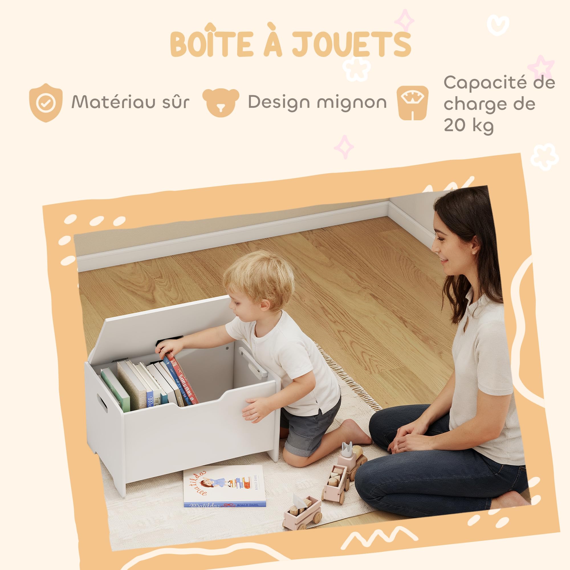 AIYAPLAY Kinderspielzeugtruhe mit Klappdeckel, Kinderaufbewahrungstruhe, Bärenform, Sicherheitsscharnier, Spielzeugaufbewahrung für Mädchen Jungen von 3 bis 8 Jahren, 60 x 38 x 48 cm, weiß