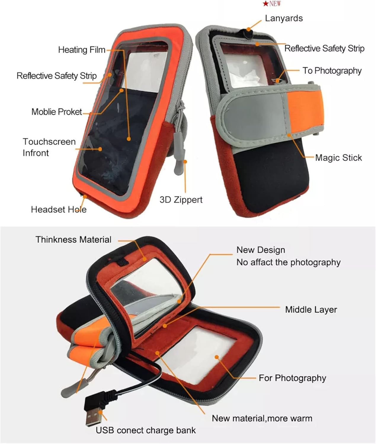 Heated Phone Case,Winter Warm-Keeping Electric Heating Phone Holder Against Cold Sports Armband, Suitable for Most 4-7 Inch Screen Phones/Orange