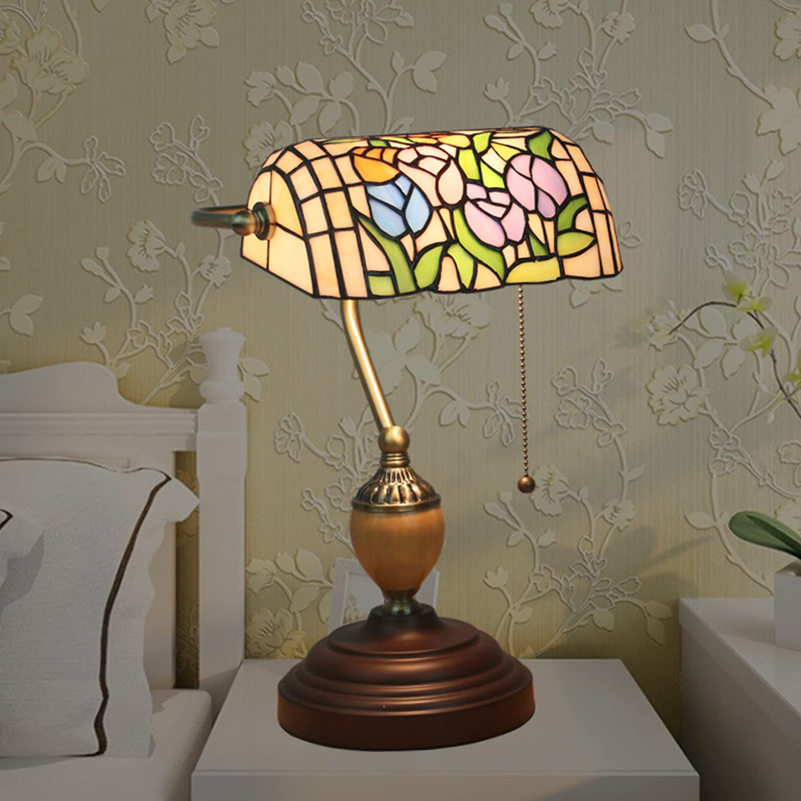 AIBOTY Banker Lamp Tiffany Desk Lamp Floral Style Lampshade Stained Glass Table Lamp Bedside Nightstand Piano Reading Lamp Work Study Desktop Light Decor Homebedroom Living Room Office,N — image 1