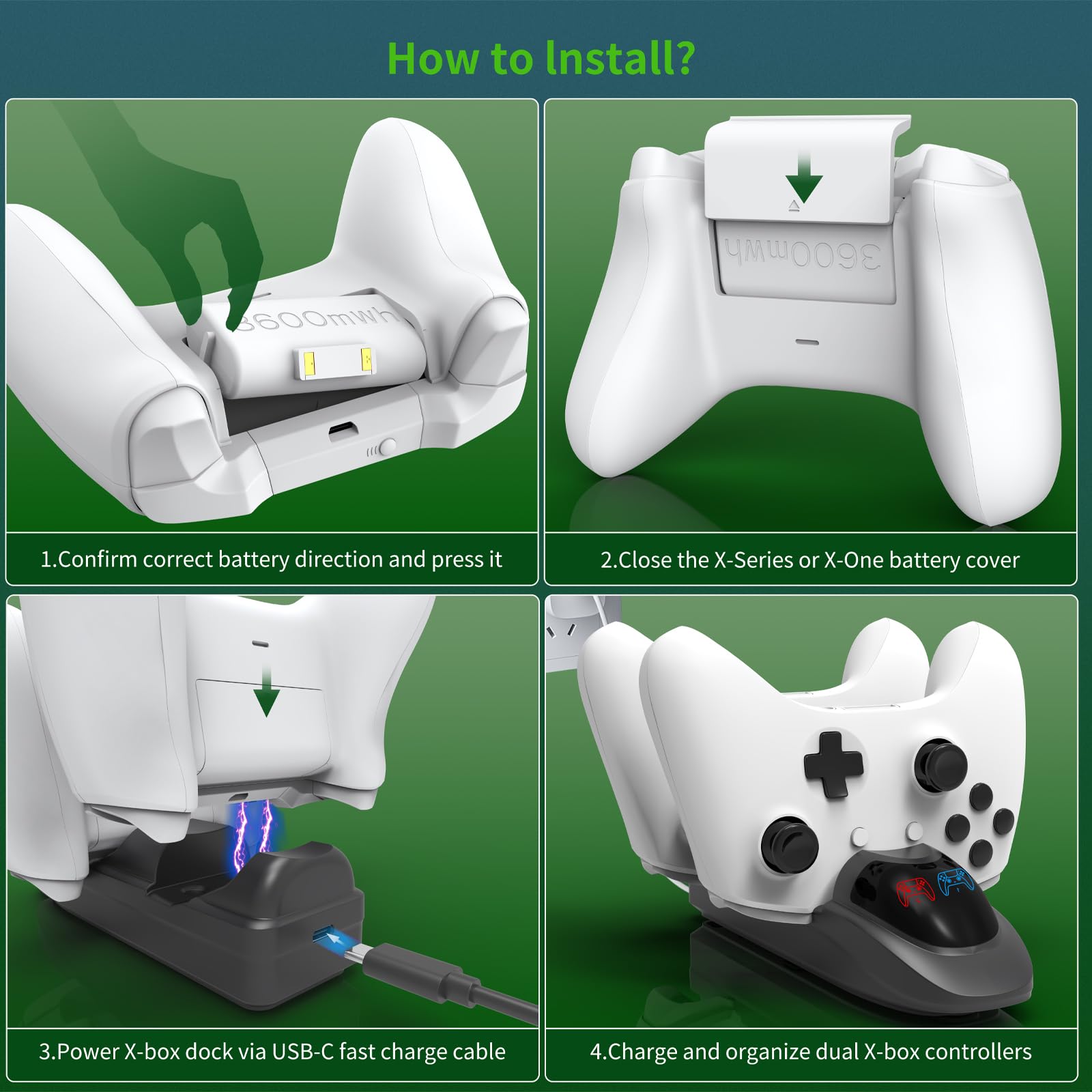 iPLYGAM Station de charge pour manette avec 2 batteries rechargeables de 3600 mWh pour manette Xbox One/Xbox Series/Xbox Elite/Xbox X, station de charge pour manettes Xbox avec 4 couvercles blancs