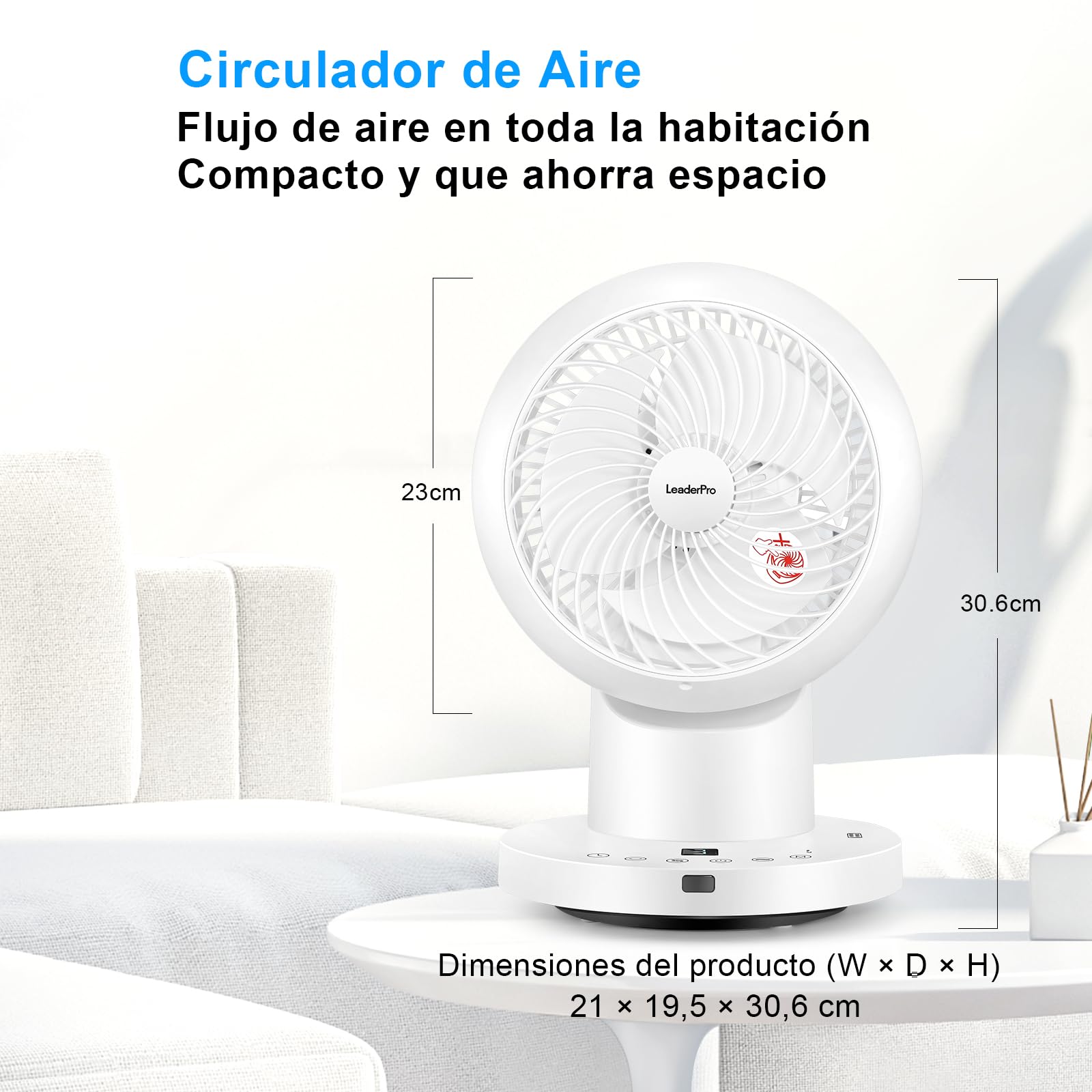 LeaderPro Ventilador de Mesa Silencioso con Mando a Distancia, Ventilador Turbo de Circulación de Aire, 4 Velocidades para Dormitorio, Salón, Cocina y Oficina, Blanco