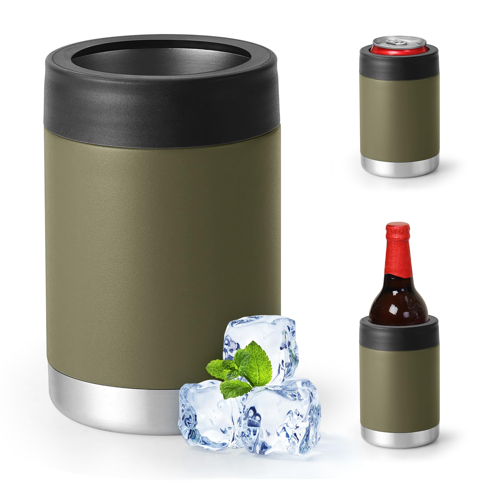 Can Cooler For Regular 12,14,16 oz or Slim-Size Bottles,Stainless Steel Double-Walled Insulated Beer Can Cooler (Single Lid-Army Green, 12OZ)