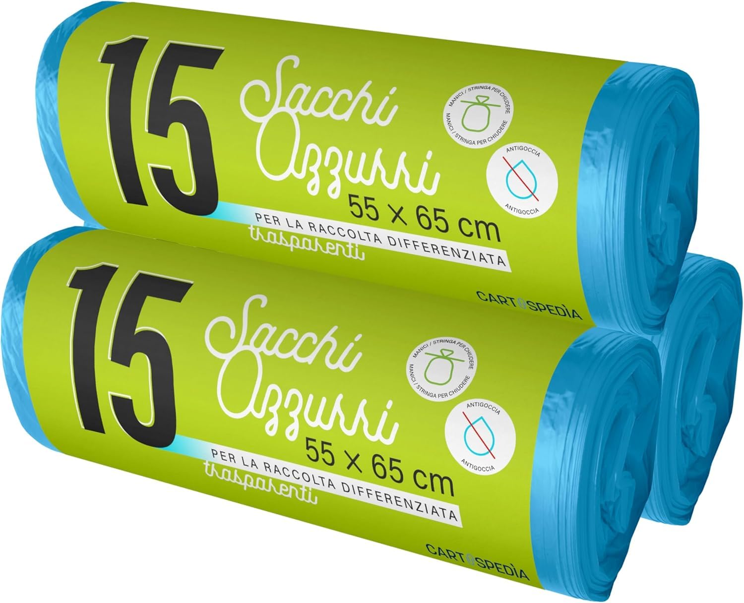 75 Sacchetti Spazzatura - BIODEGRADABILI- MISURA: 55x65 cm - con Manici | Sacchetti Immondizia da 40L, Trasparenti per Raccolta Differenziata | Buste Anti Umidità, Plastica Riciclata, Azzurri