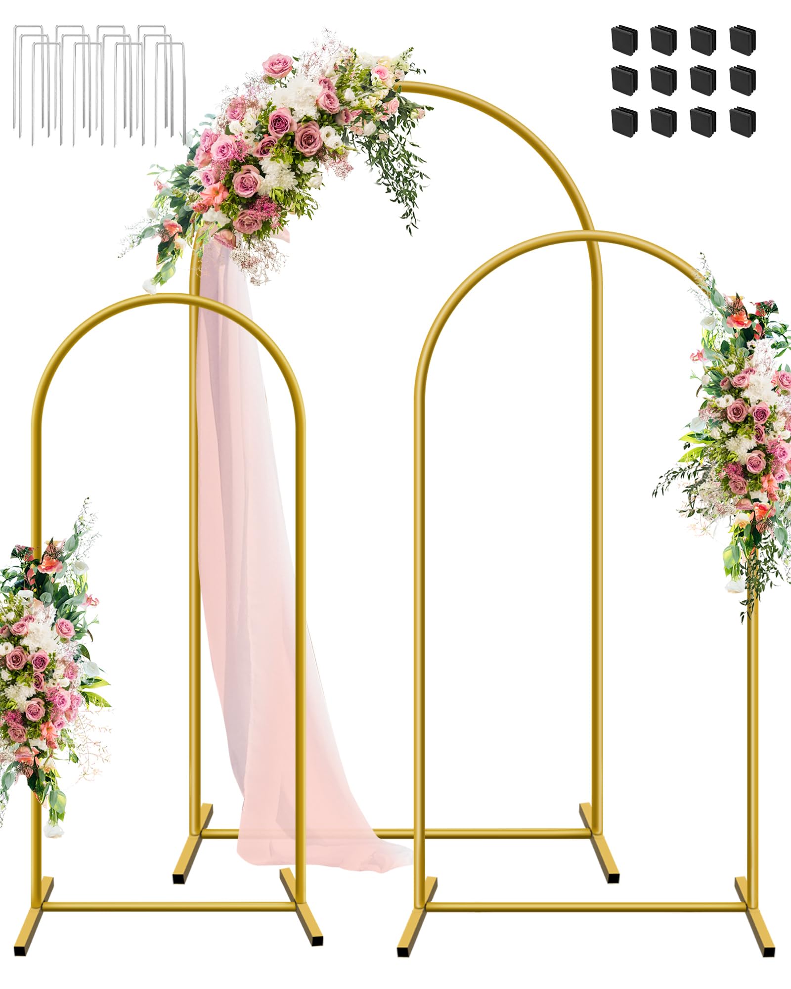 JEBUTU 3-piece Wedding Backdrop Stand Set, 2.2m, 2m, 1.8m Metal Arch Backdrop Stand Set, Gold Balloon Arched Frame for Wedding, Birthday, Party, Garden Floral Arch Decoration, Fathers Day — image 1
