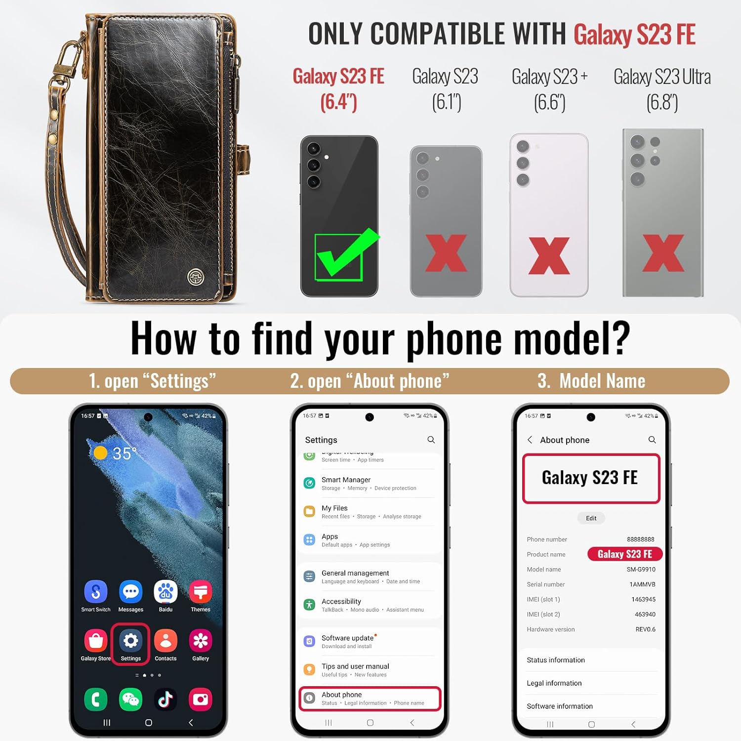 Defencase Compatible with Samsung Galaxy S23 FE 5G Case Wallet with RFID Blocking Card Holder for Women Men, PU Leather Magnetic Snap Flip Zipper Strap Wallet Phone Case Fit for Galaxy S23 FE, Coffee