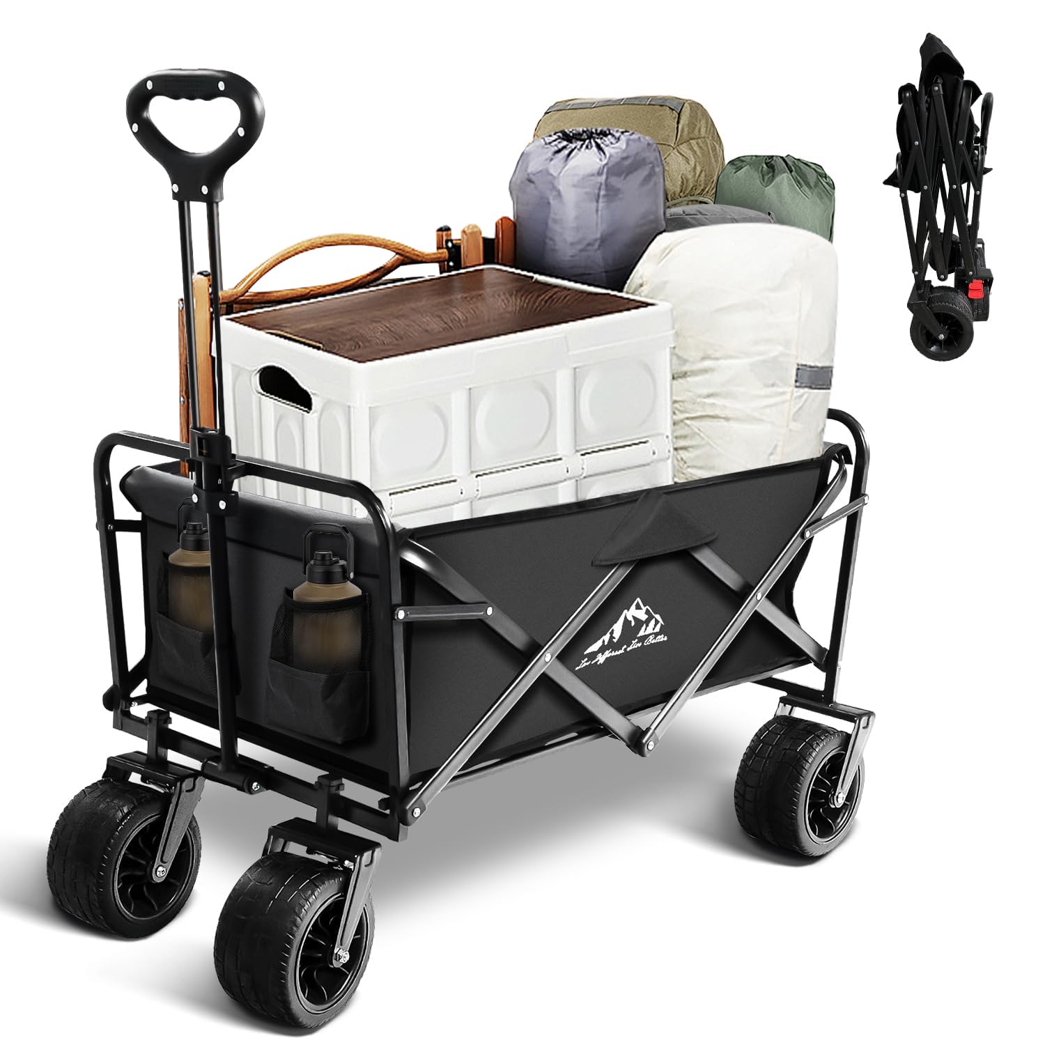 Heavy Duty Collapsible Wagon Cart with Wheels - Large Capacity Foldable Portable Utility Wagon for Grocery, Beach, Camping & Sports Shopping, Black