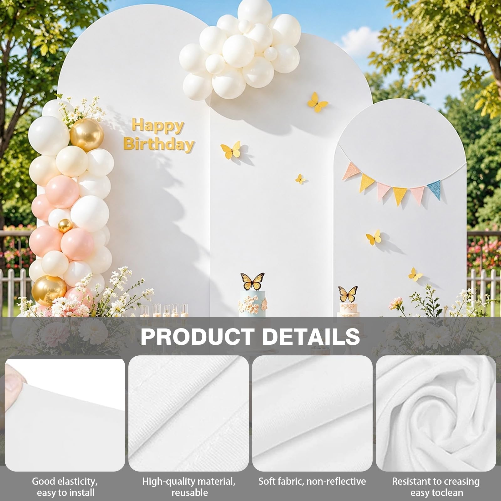 Lot de 3 toiles de fond rondes de 1,8 m, 2 m, 2 m - Couverture de fond extensible double face pour fête, cérémonie, banquet, décoration (blanc)