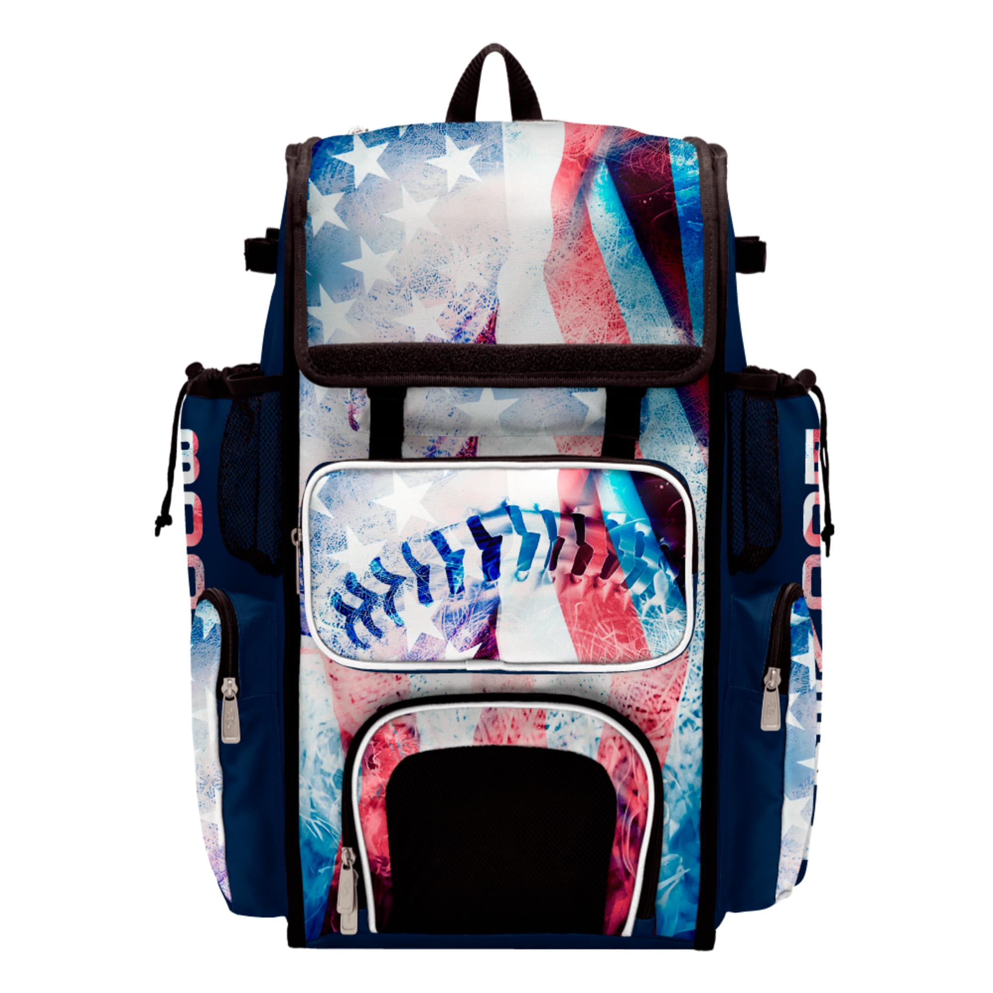 Boombah Superpack Bat Bag - Backpack Version (no wheels) - Holds 4 Bats - USA Baseball Flag White/Royal Blue/Red