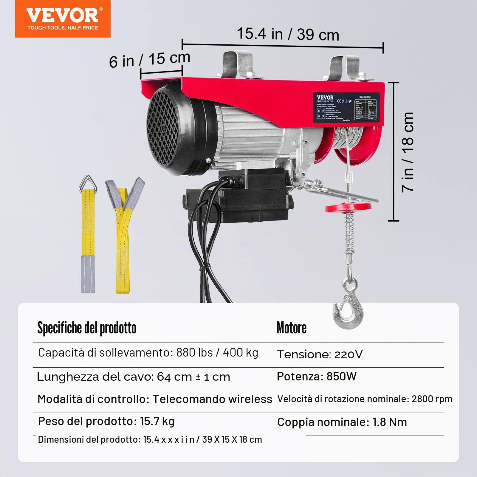 VEVOR Paranco a Leva Elettrico 850 W Carico Max. da 400 kg Motore con Telecomando Senza Filo Distanza da 10m, Paranco Elettrico a Leva per Sollevamento Carico Velocità 10 m/min Altezza 12m